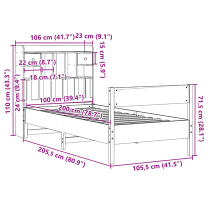 Bed met boekenkast zonder matras grenenhout wasbruin 100x200 cm