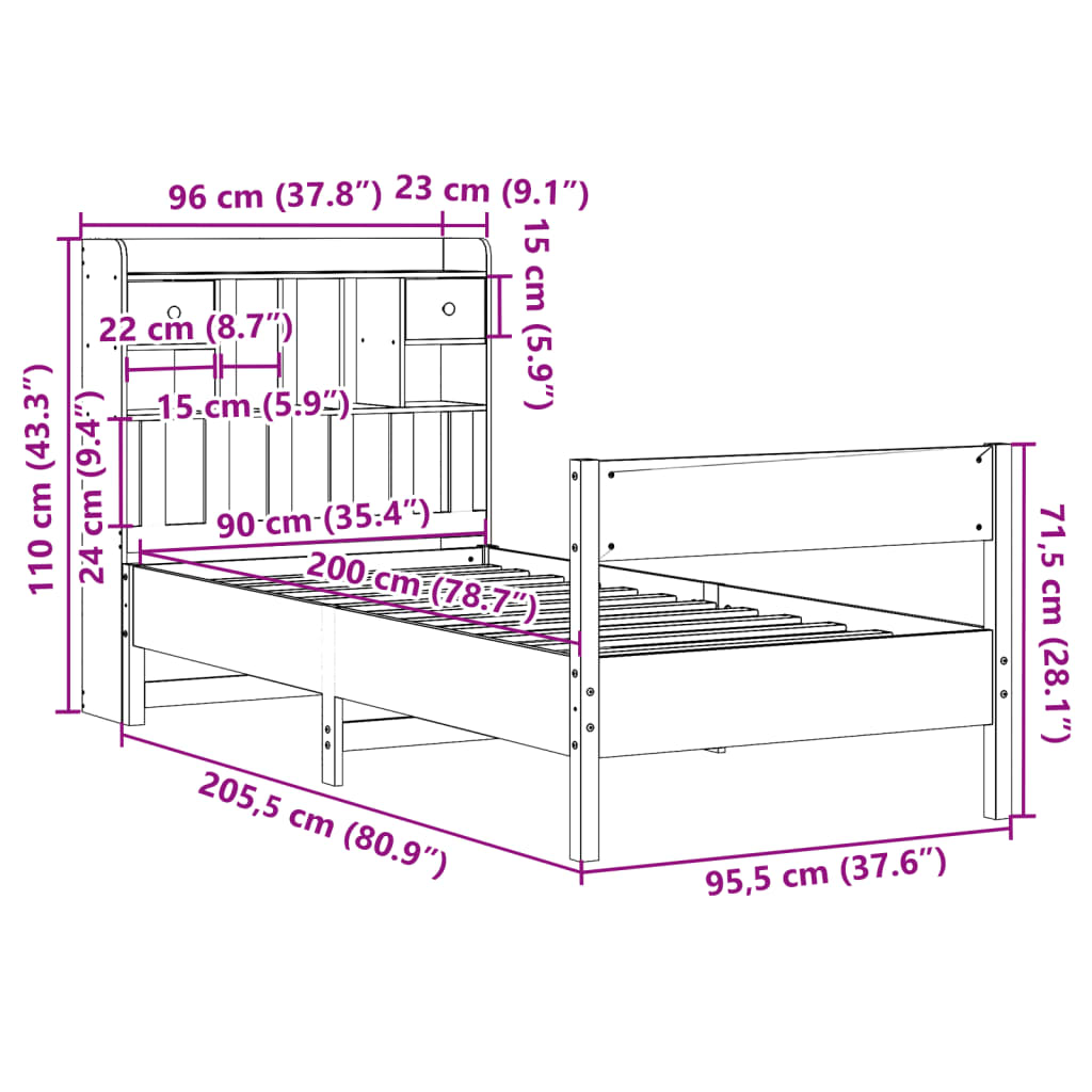 Bed met boekenkast zonder matras grenenhout wit 90x200 cm