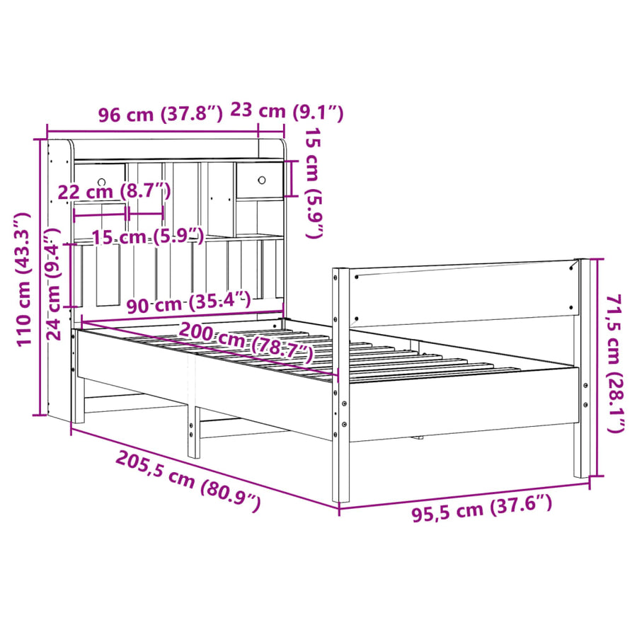 Bed met boekenkast zonder matras grenenhout wit 90x200 cm