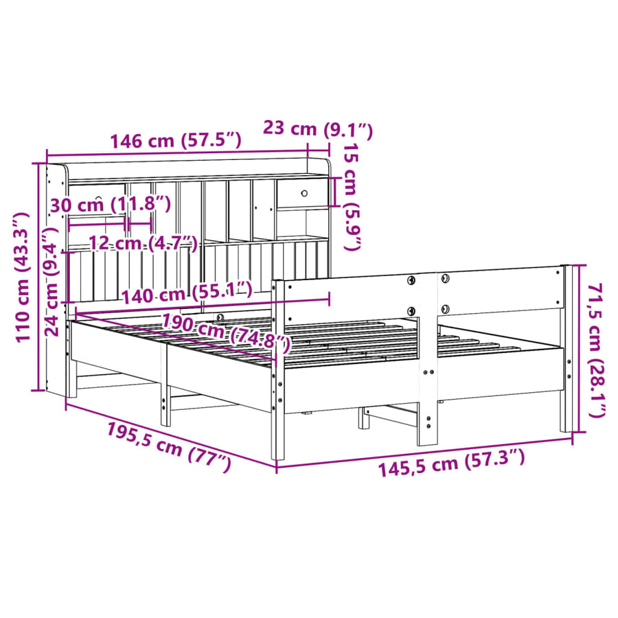 Bed met boekenkast zonder matras grenenhout wit 140x190 cm