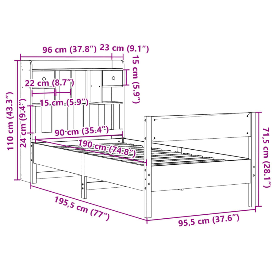 Bed met boekenkast zonder matras grenenhout wit 90x190 cm