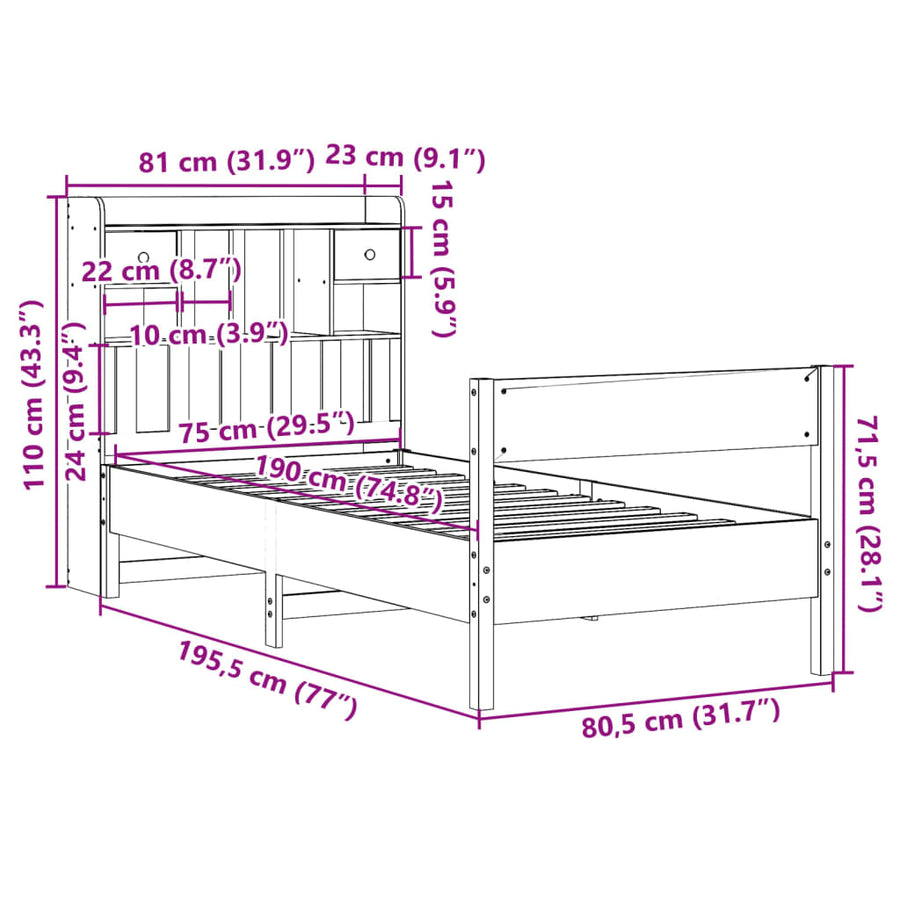 Bed met boekenkast zonder matras grenenhout wit 75x190 cm