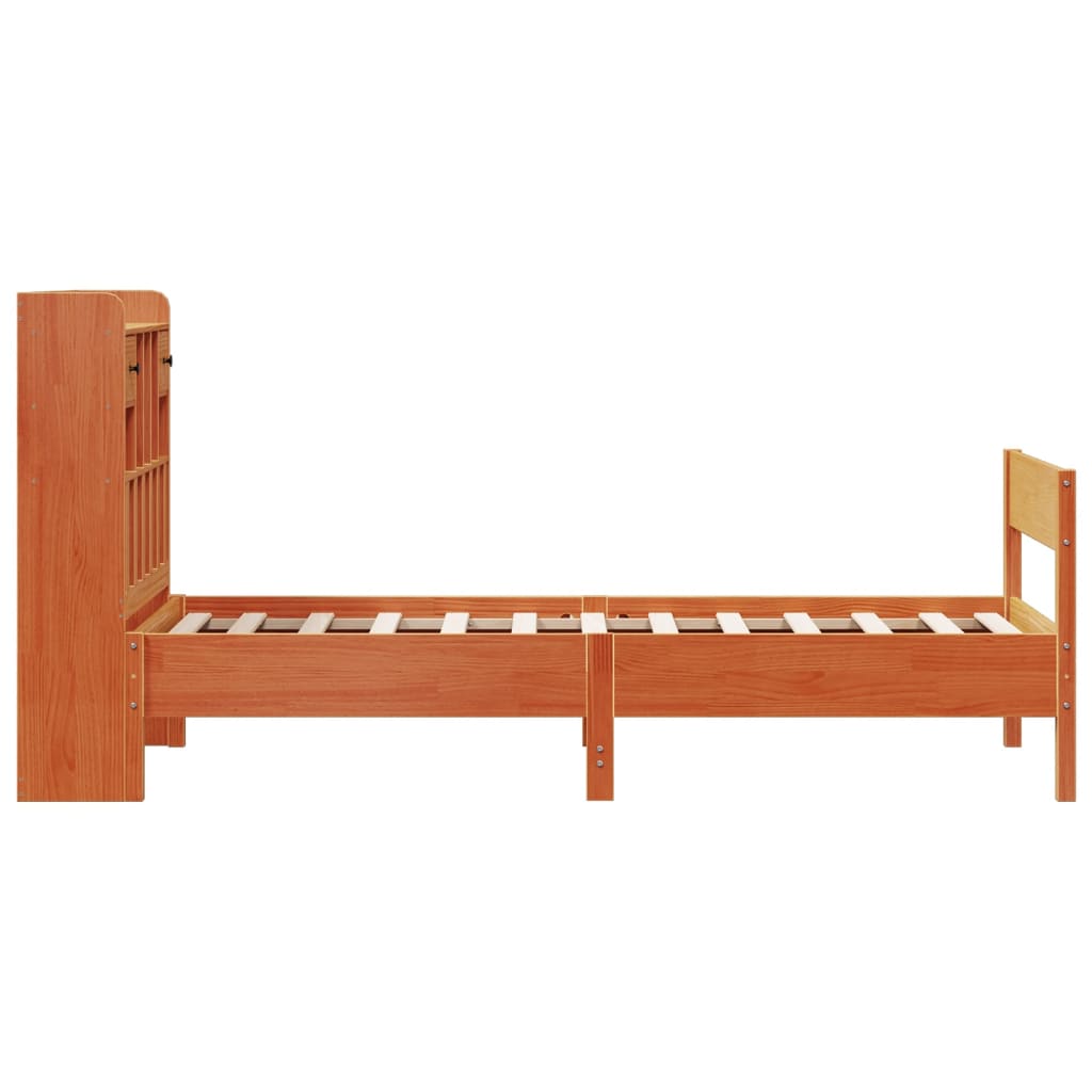 Bed met boekenkast zonder matras grenenhout wasbruin 75x190 cm
