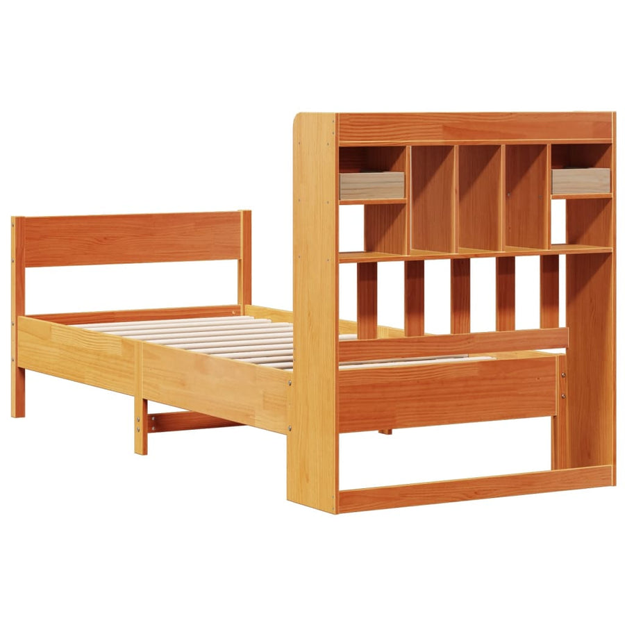 Bed met boekenkast zonder matras grenenhout wasbruin 75x190 cm
