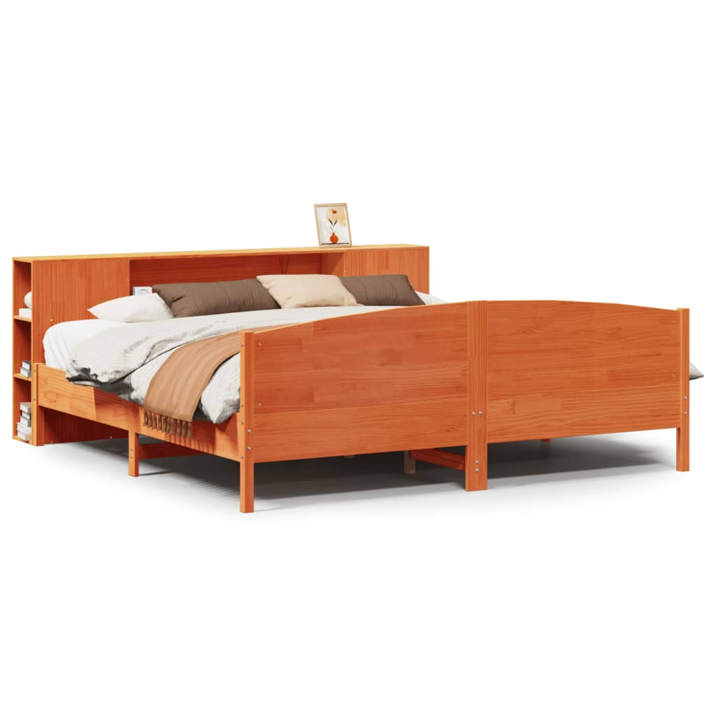 Bed met boekenkast zonder matras grenenhout wasbruin 200x200 cm