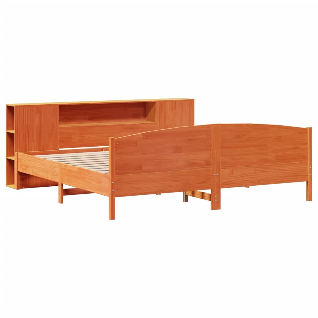 Bed met boekenkast zonder matras grenenhout wasbruin 200x200 cm