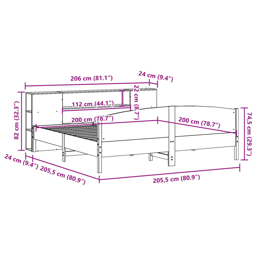 Bed met boekenkast zonder matras grenenhout wasbruin 200x200 cm
