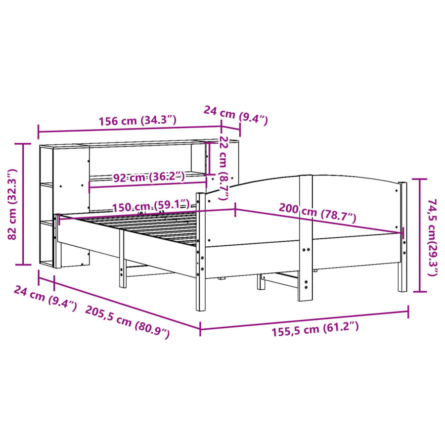 Bed met boekenkast zonder matras grenenhout wasbruin 150x200 cm