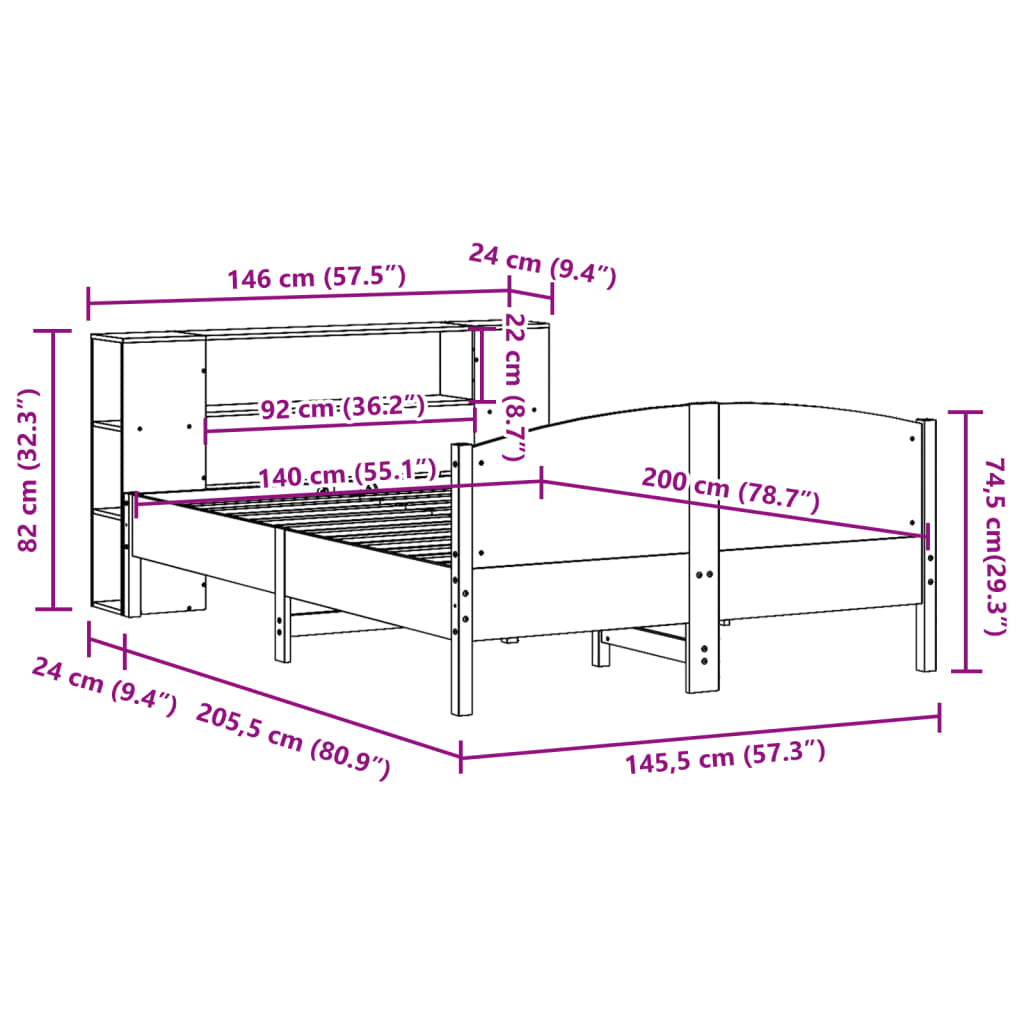 Bed met boekenkast zonder matras massief grenenhout 140x200 cm