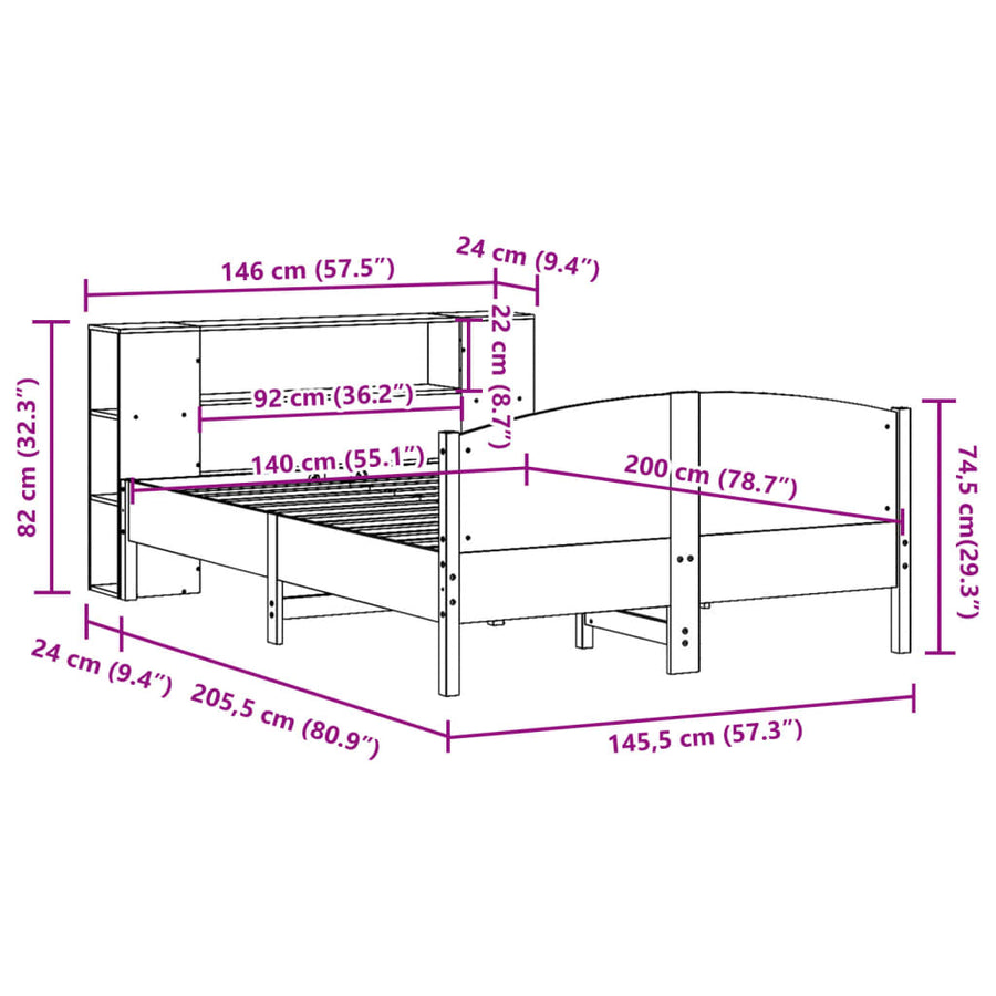 Bed met boekenkast zonder matras grenenhout wit 140x200 cm