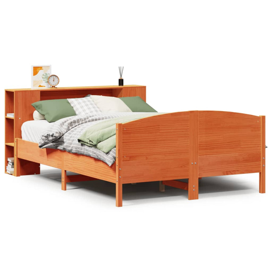 Bed met boekenkast zonder matras grenenhout wasbruin 140x190 cm