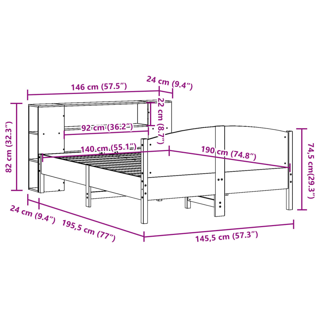 Bed met boekenkast zonder matras grenenhout wasbruin 140x190 cm