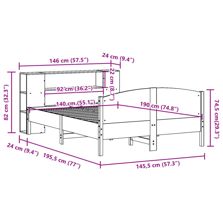 Bed met boekenkast zonder matras grenenhout wasbruin 140x190 cm