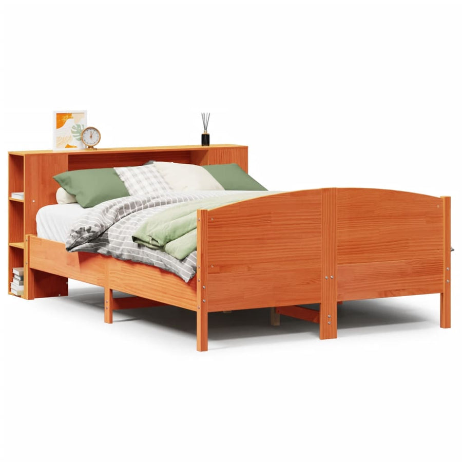 Bed met boekenkast zonder matras grenenhout wasbruin 135x190 cm