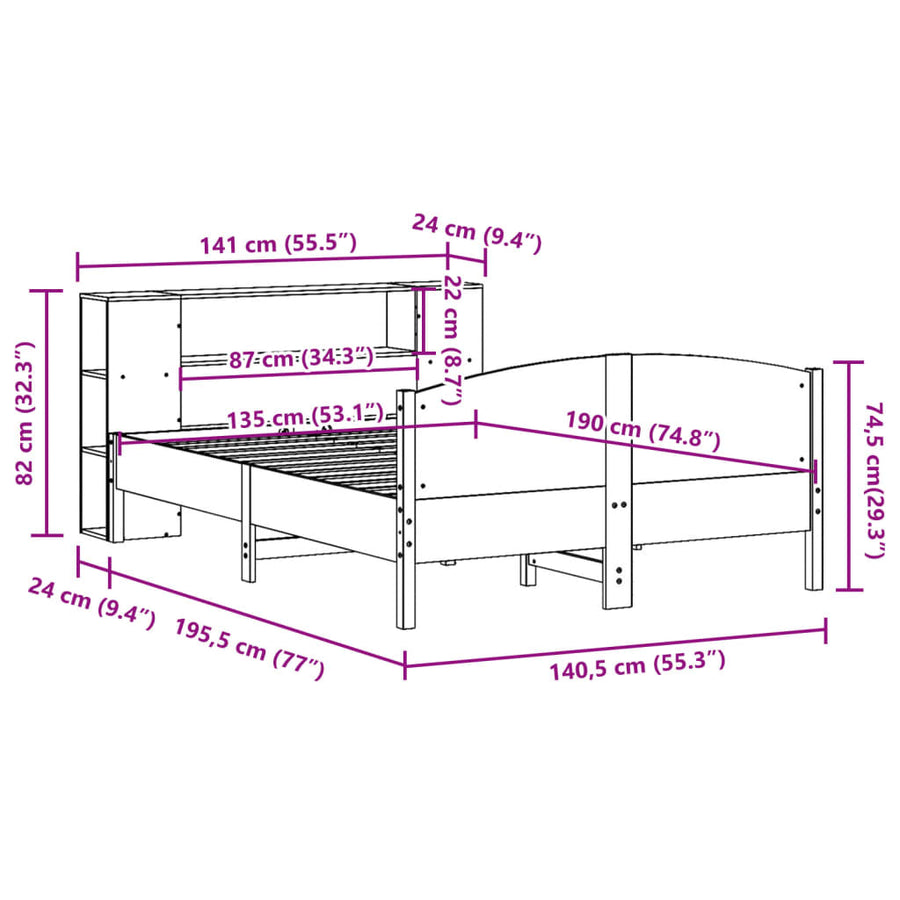 Bed met boekenkast zonder matras grenenhout wasbruin 135x190 cm
