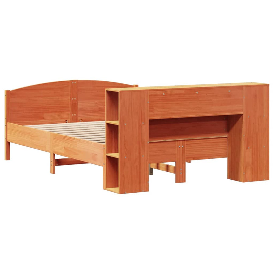 Bed met boekenkast zonder matras grenenhout wasbruin 135x190 cm
