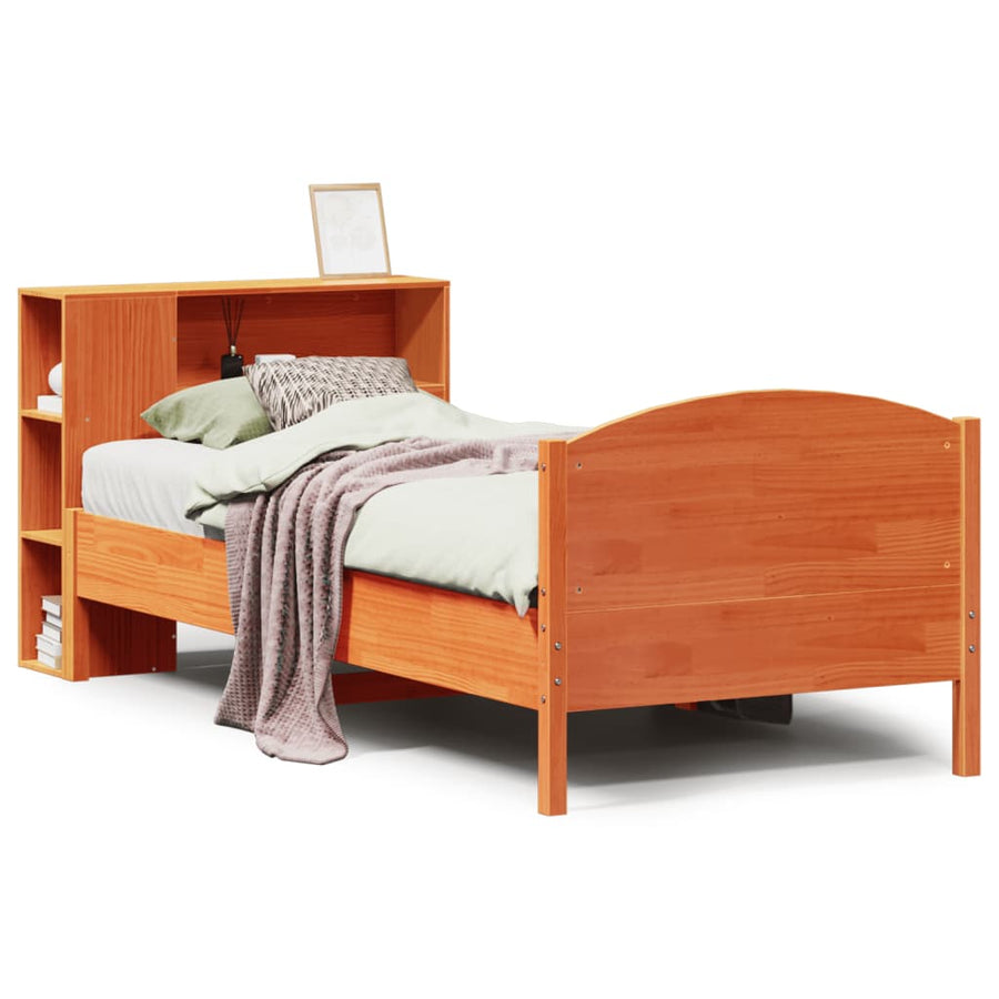 Bed met boekenkast zonder matras grenenhout wasbruin 100x200 cm