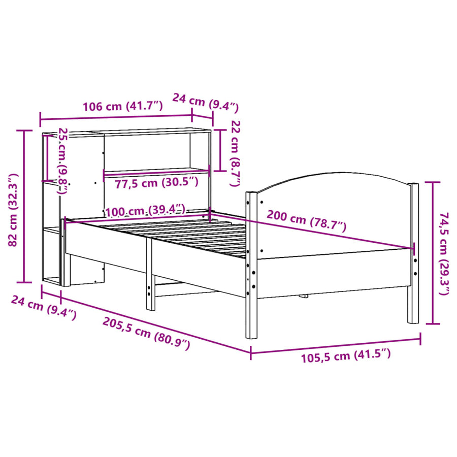 Bed met boekenkast zonder matras grenenhout wasbruin 100x200 cm
