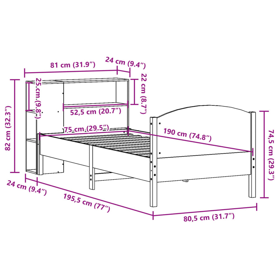 Bed met boekenkast zonder matras massief grenenhout 75x190 cm