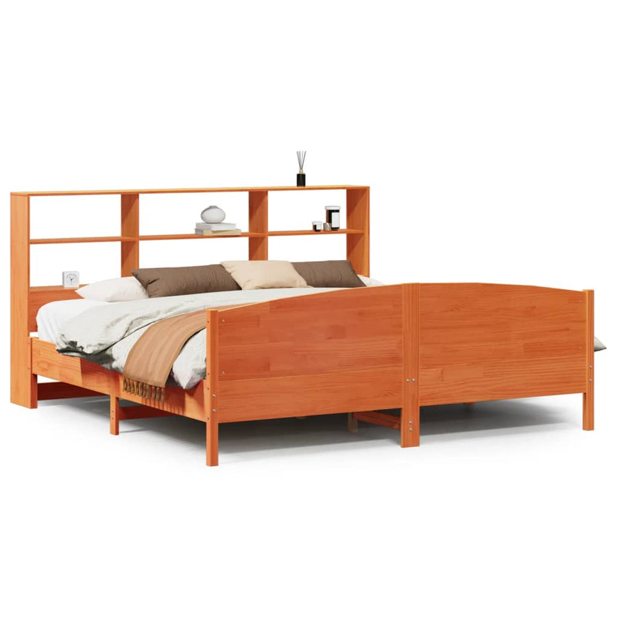 Bed met boekenkast zonder matras grenenhout wasbruin 200x200 cm