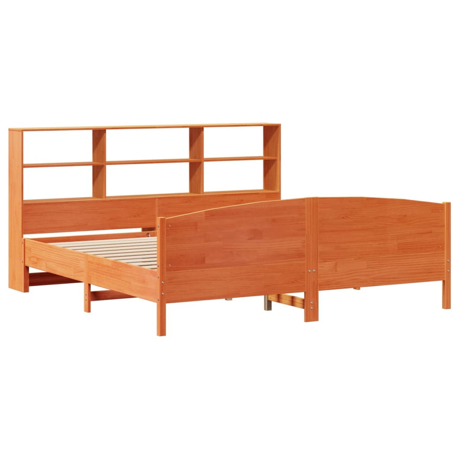 Bed met boekenkast zonder matras grenenhout wasbruin 200x200 cm