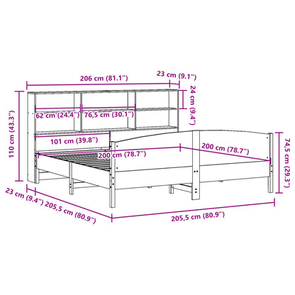 Bed met boekenkast zonder matras grenenhout wasbruin 200x200 cm