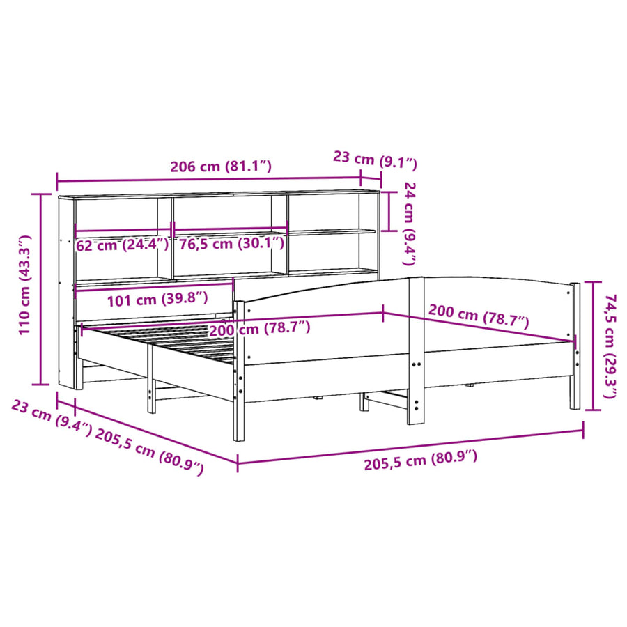 Bed met boekenkast zonder matras grenenhout wasbruin 200x200 cm