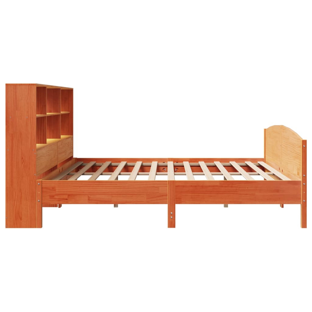 Bed met boekenkast zonder matras grenenhout wasbruin 200x200 cm