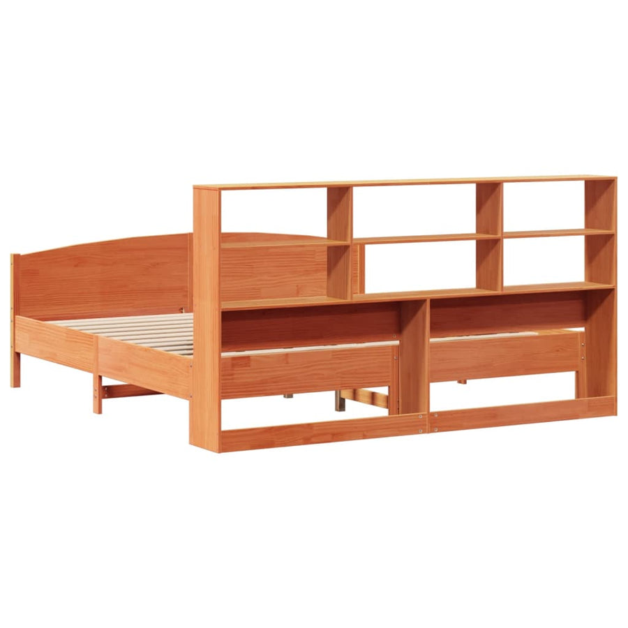 Bed met boekenkast zonder matras grenenhout wasbruin 200x200 cm