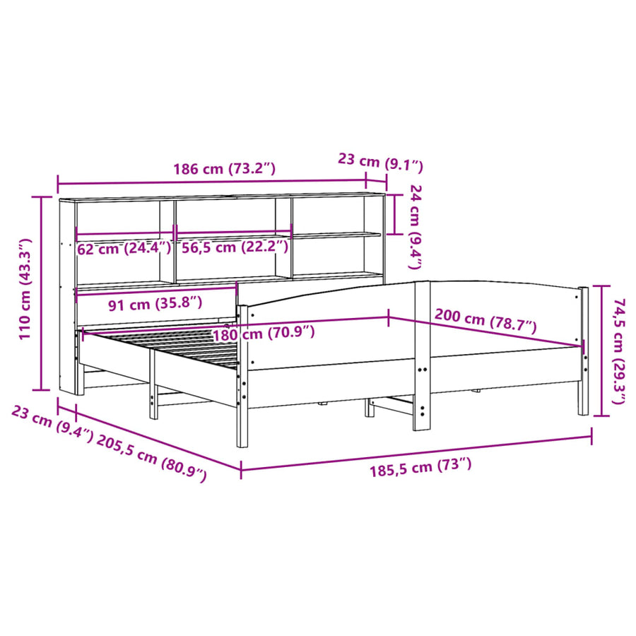 Bed met boekenkast zonder matras grenenhout wasbruin 180x200 cm