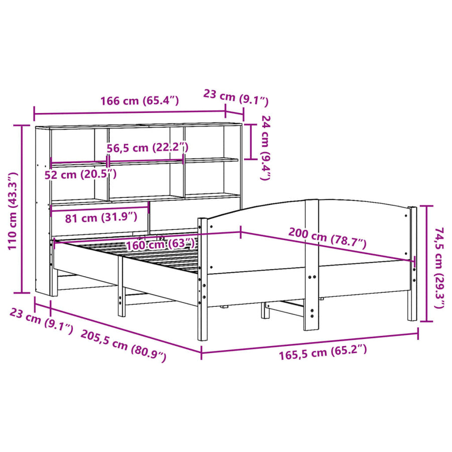 Bed met boekenkast zonder matras grenenhout wasbruin 160x200 cm