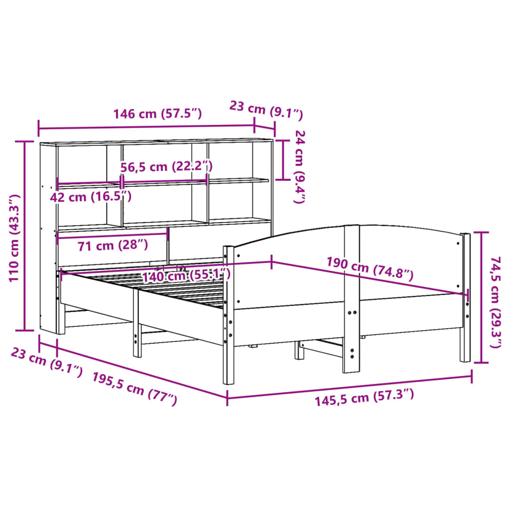 Bed met boekenkast zonder matras grenenhout wit 140x190 cm
