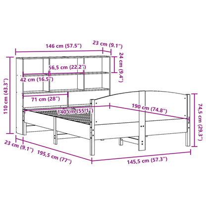 Bed met boekenkast zonder matras grenenhout wasbruin 140x190 cm