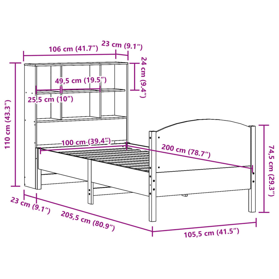 Bed met boekenkast zonder matras grenenhout wasbruin 100x200 cm