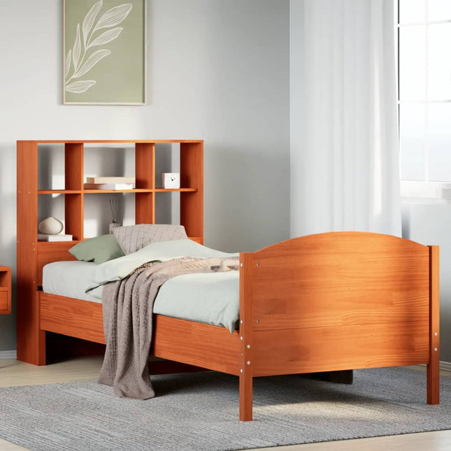 Bed met boekenkast zonder matras grenenhout wasbruin 90x190 cm