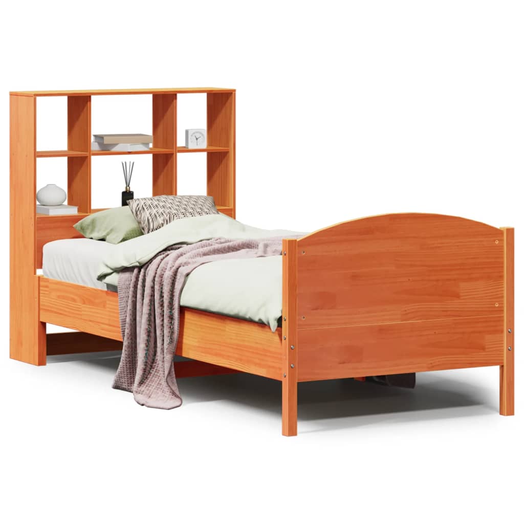 Bed met boekenkast zonder matras grenenhout wasbruin 75x190 cm