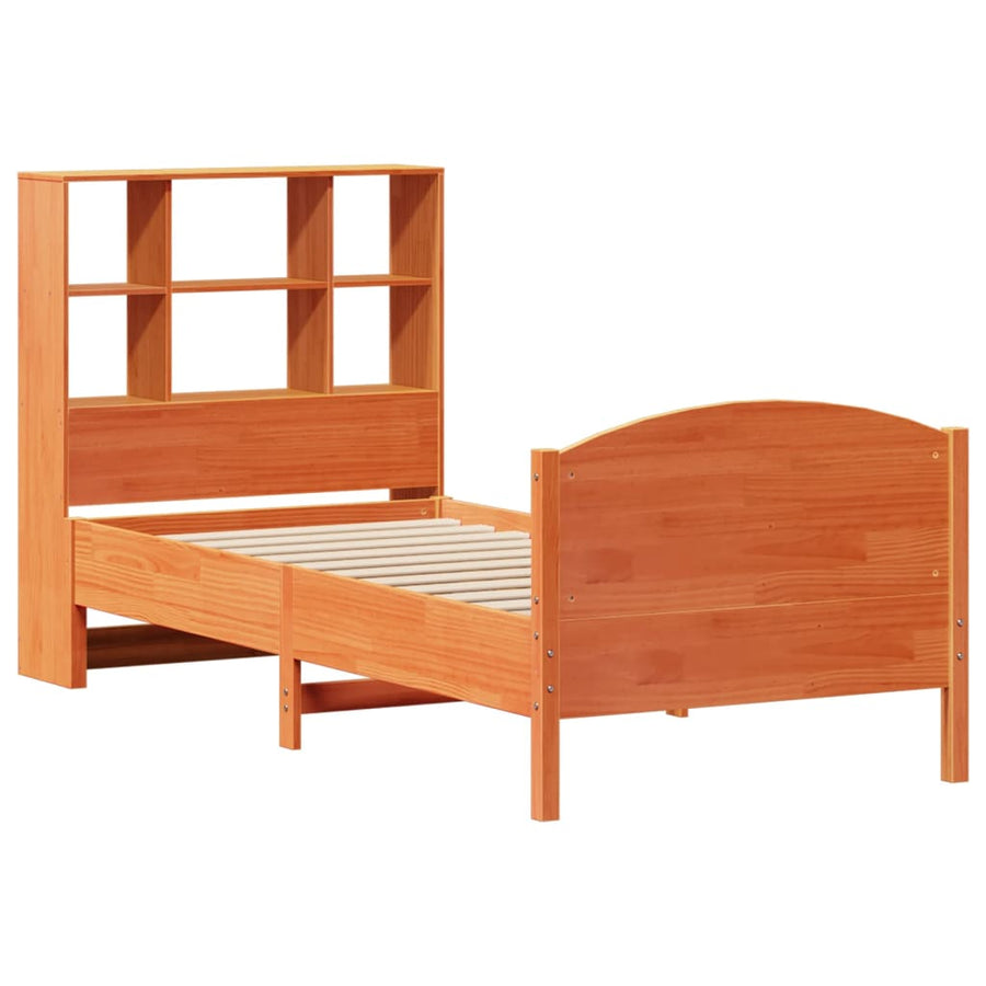 Bed met boekenkast zonder matras grenenhout wasbruin 75x190 cm