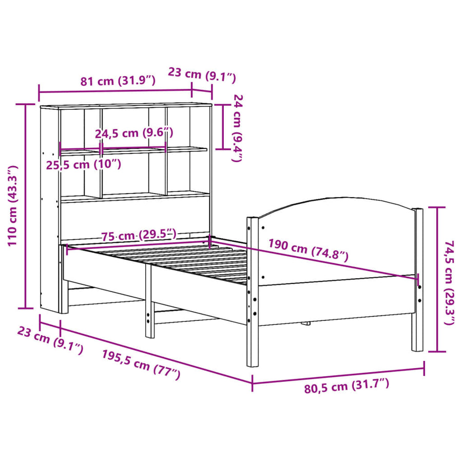 Bed met boekenkast zonder matras grenenhout wasbruin 75x190 cm
