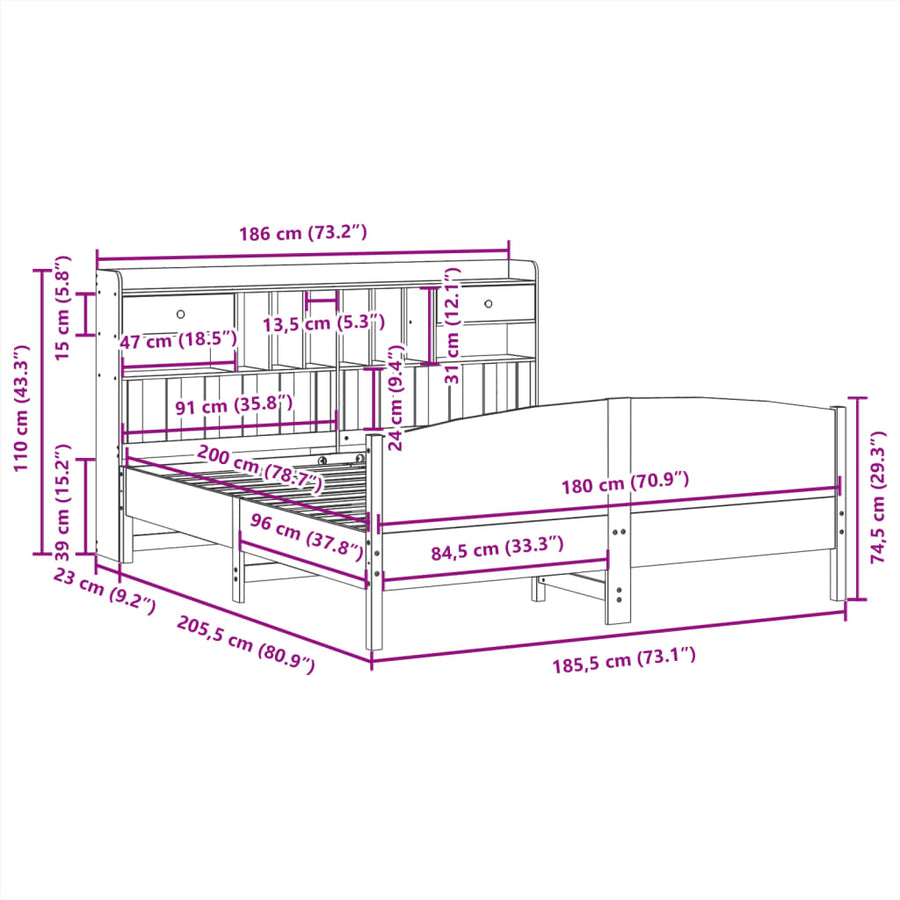 Bed met boekenkast zonder matras massief grenenhout 180x200 cm