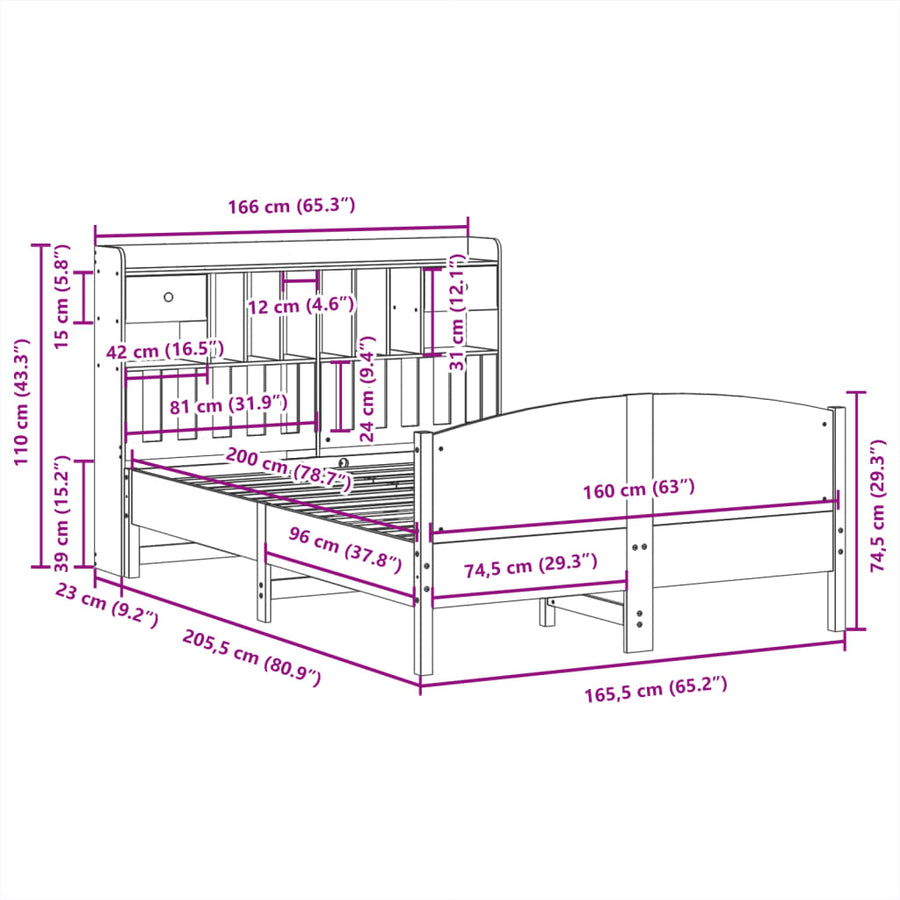 Bed met boekenkast zonder matras grenenhout wit 160x200 cm