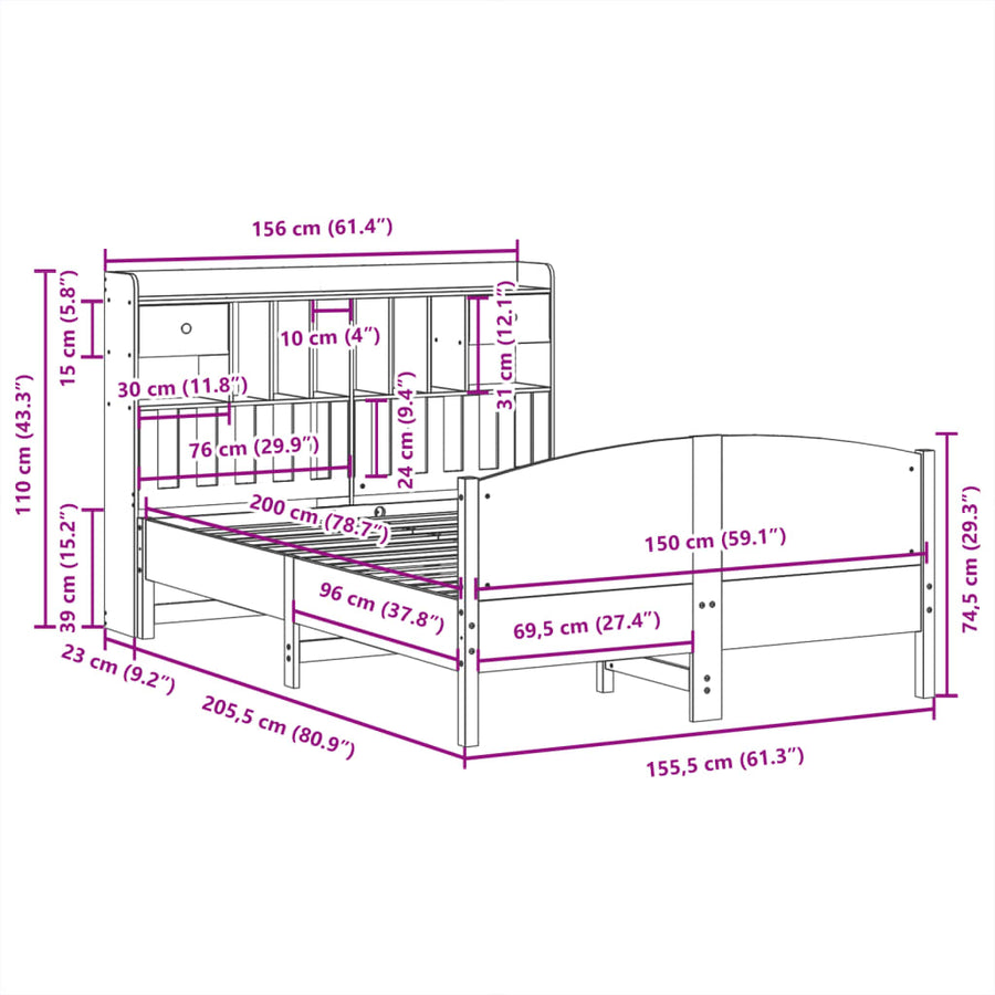Bed met boekenkast zonder matras grenenhout wasbruin 150x200 cm