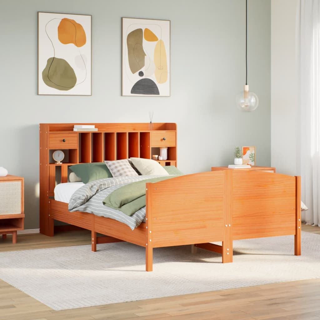 Bed met boekenkast zonder matras grenenhout wasbruin 150x200 cm