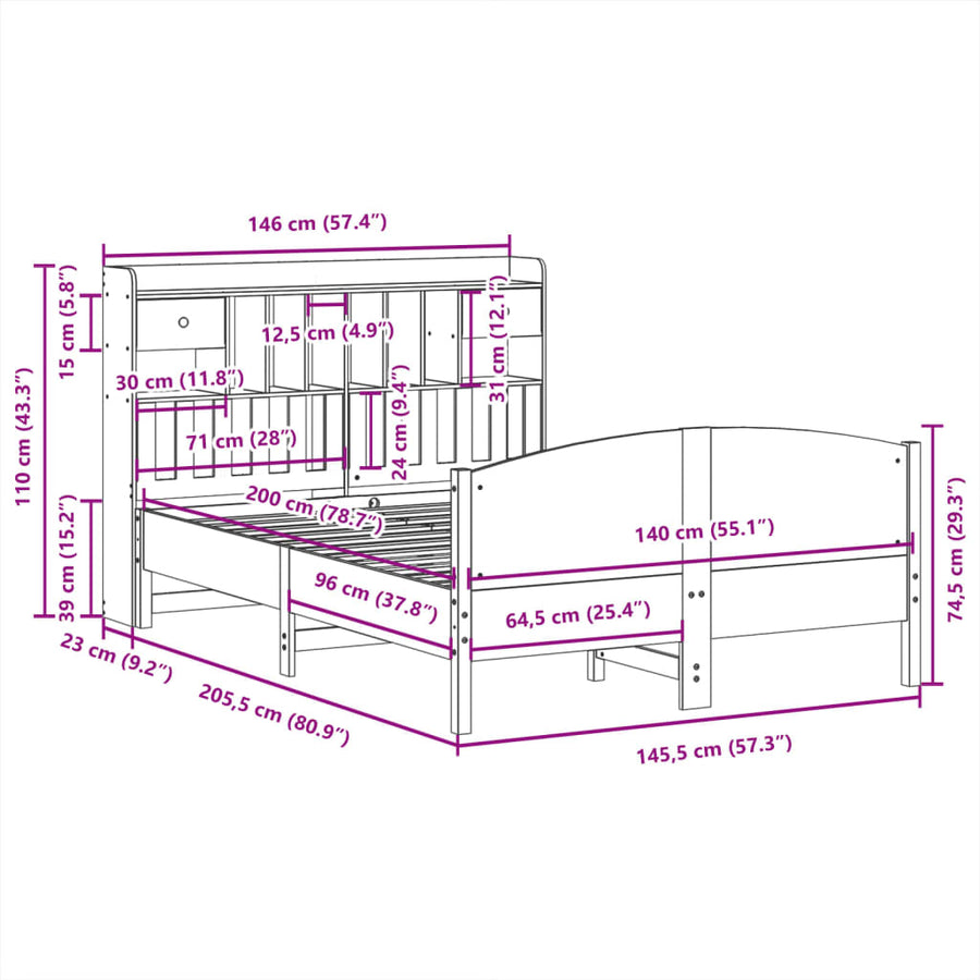 Bed met boekenkast zonder matras grenenhout wit 140x200 cm