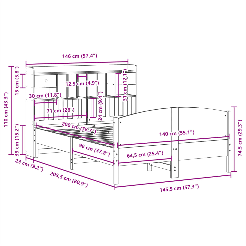 Bed met boekenkast zonder matras grenenhout wasbruin 140x200 cm