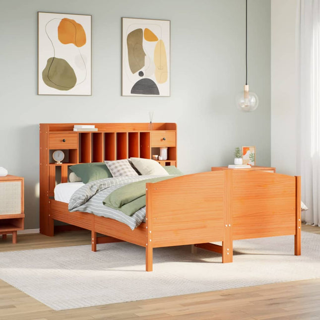 Bed met boekenkast zonder matras grenenhout wasbruin 140x200 cm