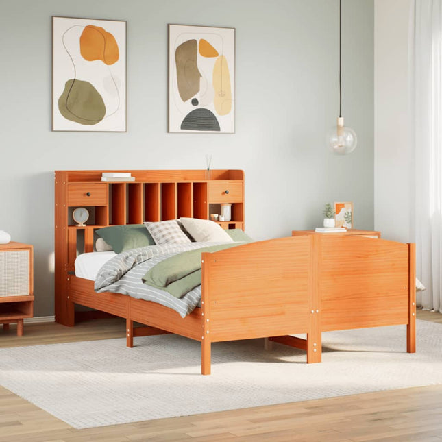 Bed met boekenkast zonder matras grenenhout wasbruin 140x190 cm