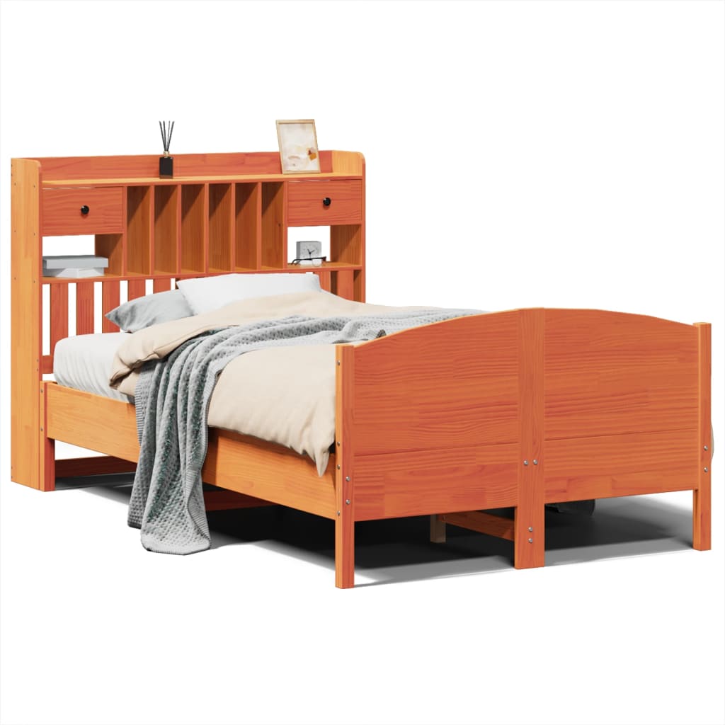 Bed met boekenkast zonder matras grenenhout wasbruin 135x190 cm