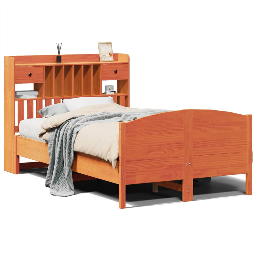 Bed met boekenkast zonder matras grenenhout wasbruin 135x190 cm