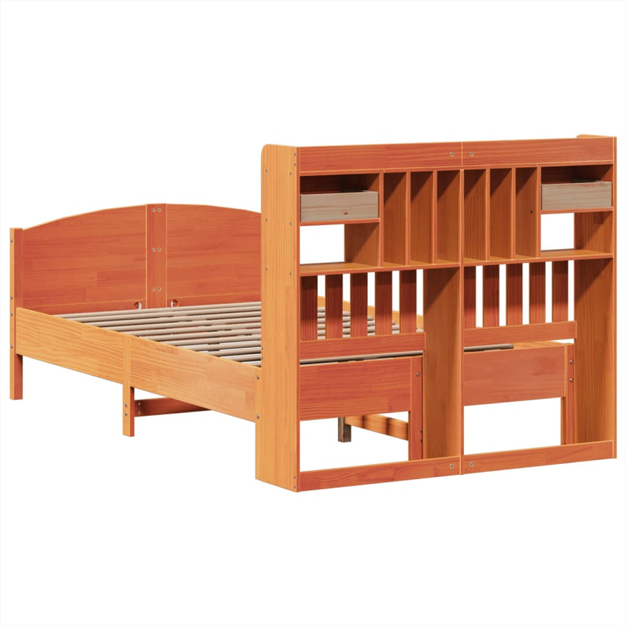 Bed met boekenkast zonder matras grenenhout wasbruin 135x190 cm