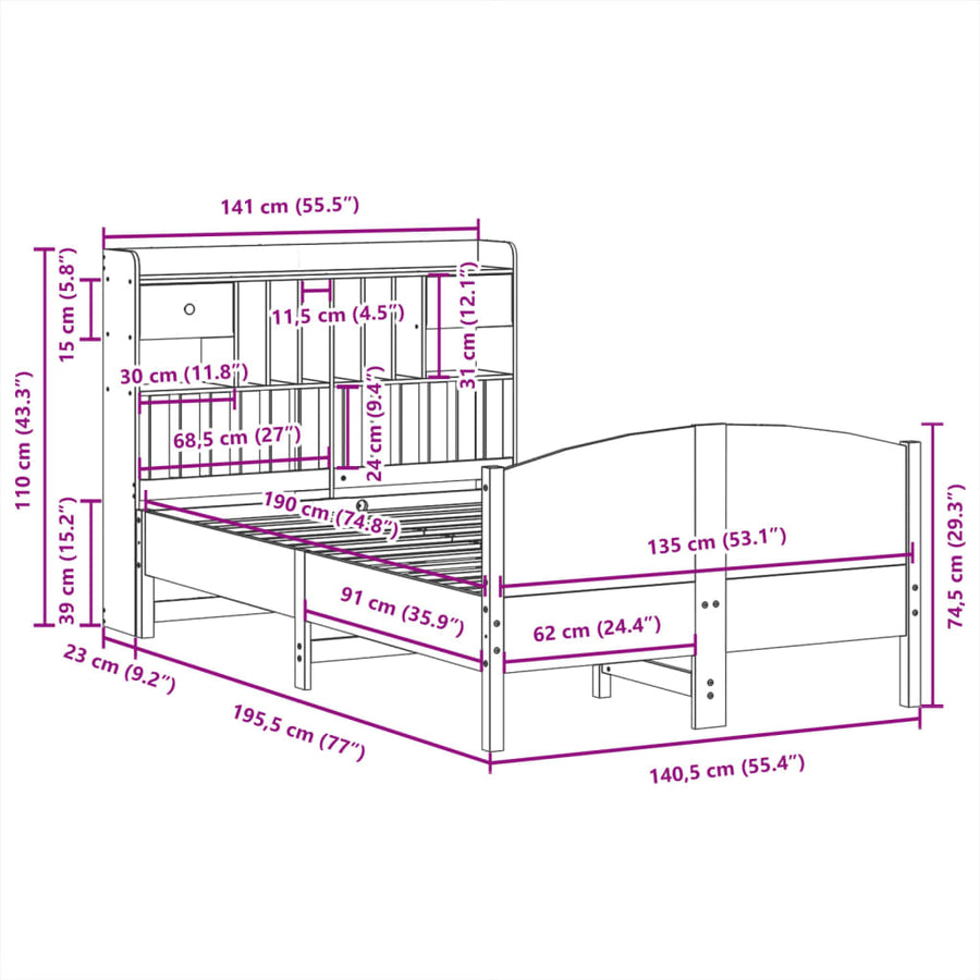 Bed met boekenkast zonder matras grenenhout wasbruin 135x190 cm